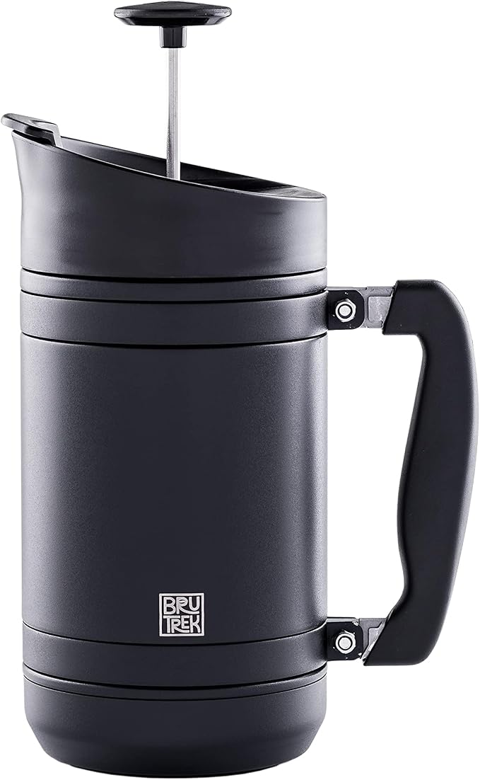 BruTrek by Planetary Design | BaseCamp French Press | 32 fl.oz - Obsidian | Double Wall Insulated Stainless Steel - Bru-Stop Technology, No Grounds in Coffee, No Spill Lid (Obsidian, 32 fl.oz)