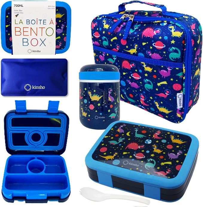 kinsho kids Bento Lunch Box Set with Thermo Bag & Ice Pack, Blue Space Dino | 4 Compartments, Removable Tray, Small Meal Dinosaur Snack Container for Boys Toddlers, Daycare & Pre-School, Steel Food Jar