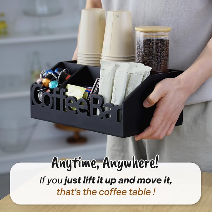 Coffee Bar Organizer Countertop, Wood Tea & Coffee Pod Station Caddy, Black | Tea Bags, Coffee Pods, Cups & Condiments