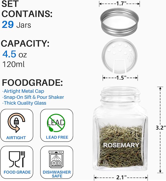 MIUKAA Unique Design Spice Jars with 372 Labels, 29-Pack 4.5 oz Personalized Cubic Clear Glass Spice Jars with Shakers, Lids, Empty Square Reusable Kitchen Storage Containers