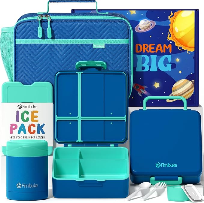 Fimibuke Kids Bento Snack Lunch Box with Thermo Insulated Toddler Lunch Bag | Lunch Box Kids with 4 Compartment, Food Jar, Ice Pack, Utensils, Birthday Gifts for Ages 3-12 Back to School Toddler Girl Boy