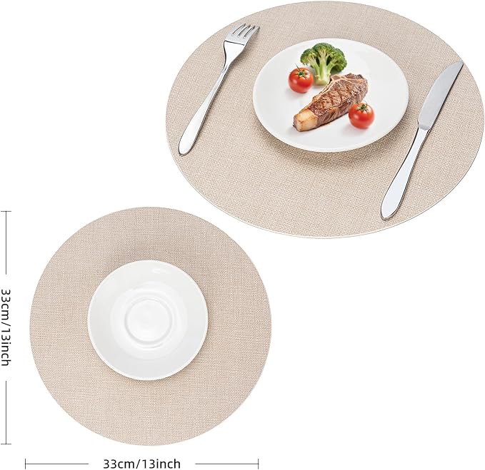 Faux Leather Placemats Set of 6, Wipeable Waterproof Stain Resistant Table Mats, Heat Resistant Thick Placemats with Hand-Painted Edges for Kitchen Dining, Imitative Linen Texture, Various Shapes