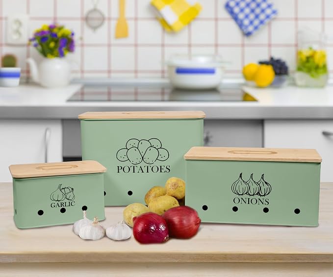 Kitchen Vegetable Storage Tins Set of 3 for Potato Onion & Garlic with Wooden Lid and Aerating Holes, Kitchen Storage Canisters Set, Vintage Kitchen Decor - Green
