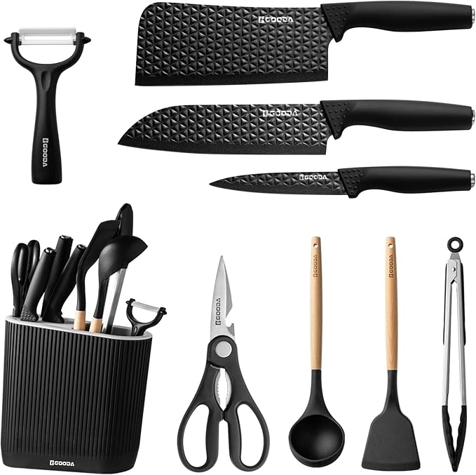 Knife Set with Block,9 Pieces Kitchen Knives and Heat Resistant Silicone Kitchen Utensils Set with Wooden Handle,Ideal Cooking Tools for Kitchen