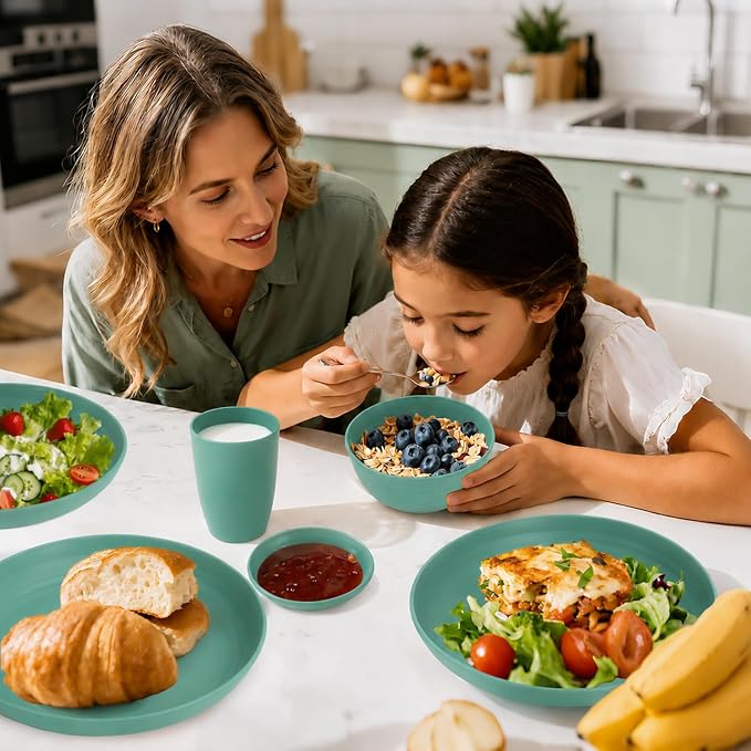 Unbreakable Wheat Straw Dinnerware Set 16 PCS - Kids Plates and Bowls Set for 4,Dishwasher & Microwave Safe Lightweight Toddler Plates and Bowls Set for Party Camping Kitchen - Green