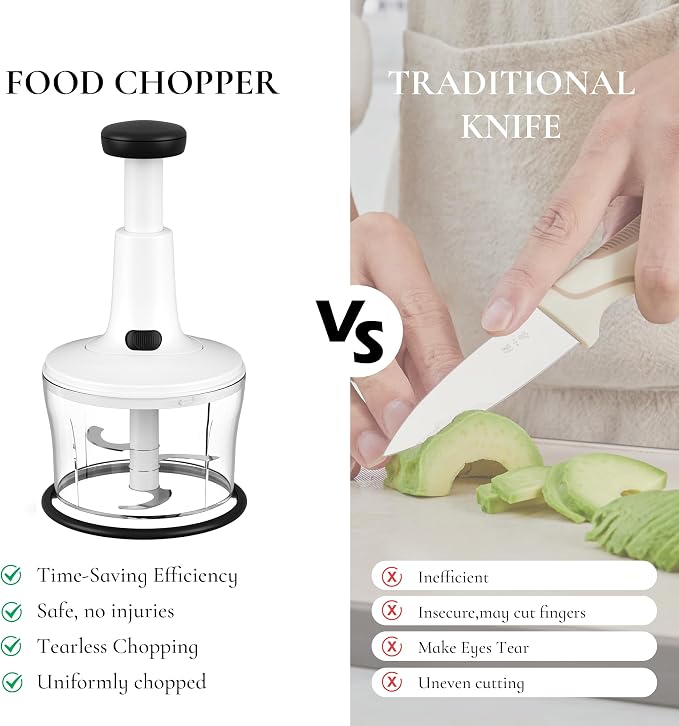 Manual Hand Push Food Chopper, Vegetable Dicer Mincer with Container, Egg Whisk & Salad Spinner for Salsa, Salad, Pesto, Hummus