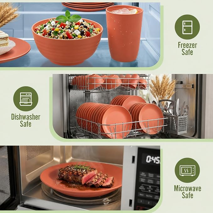 Wheat Straw Dinnerware Sets for 8, 40 Piece Unbreakable Dinnerware Set, Plates and Bowls Sets, Kitchen Plates and Bowls Set, Lightweight Dish Set for Home, Camping, and Everyday Use- Orange