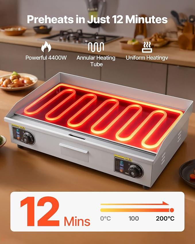 VEVOR Commercial Electric Griddle, 28.54 x 15.75 in, 4400W, 122-570°F Adjustable Temp Control, Stainless Steel Countertop Full Flat Top Grill with 2 Spatulas, 2 Brushes, for Steak, Pancake(NO PLUG)