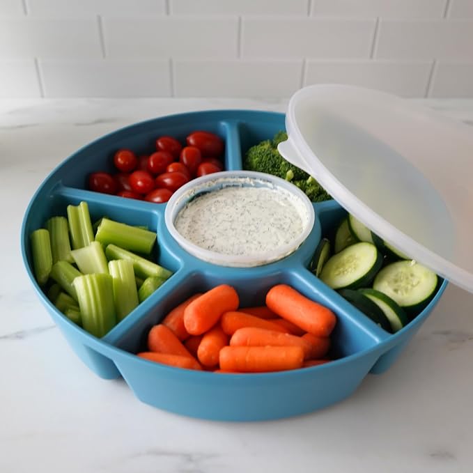 TEGRIWARE Divided Serving Tray with Lid, Fruit Tray, Veggie Tray, Snack Tray, Party Platter for Food Storage & Serving, Made in USA (Arctic Blueberry/Clear Lid)