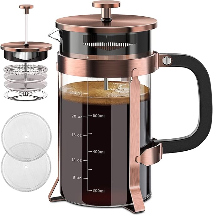 QUQIYSO French Press 34oz, Stainless Steel and Thickened Glass Coffee Maker | 4 Filter Heat-Resistant Borosilicate Glass Coffee Press, Easy to Clean, Suitable for Kitchen Party Camping Gifts(Copper)
