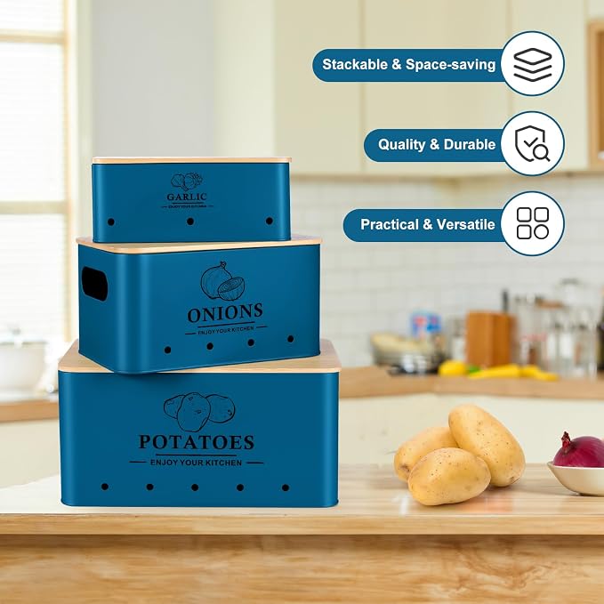 Kitchen Vegetable Storage Set of 3, Metal Onion Garlic Potato Storage Set, Kitchen Canisters Vegetable Keeper Containers with Aerating Holes and Bamboo Lid,Dark Blue
