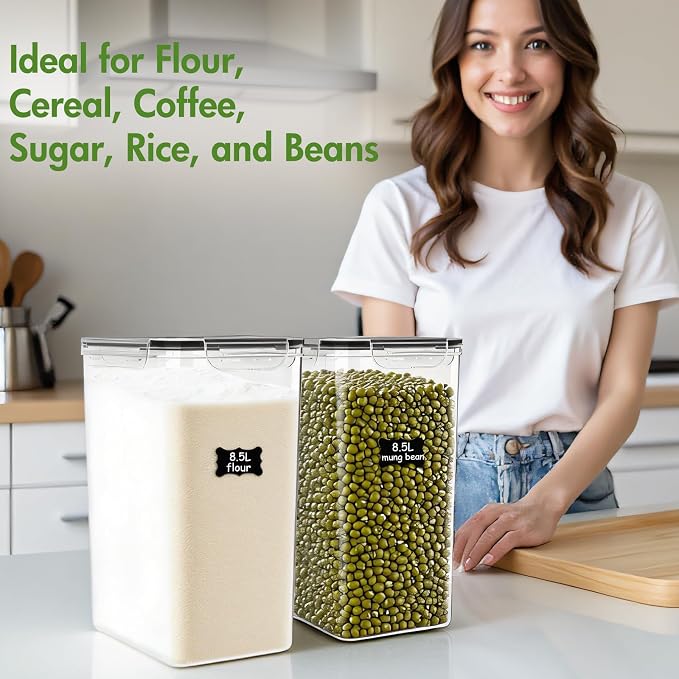 2PC Extra Large Bulk Food Storage Containers 8.5L 300Oz, BPA-Free | Cereal Containers Storage with Airtight Lids, Plastic Canisters for Flour, Sugar, Rice, Cereal, Coffee, Dried Fruits