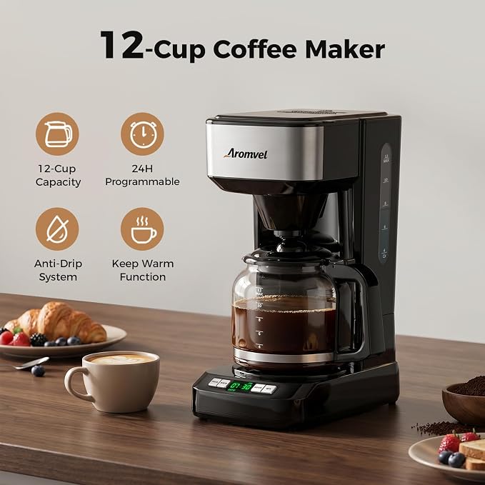 12 Cup Programmable Coffee Maker, 24-Hour Delay Brew, Drip Coffee | Large 1.8L Water Tank, Drip Coffee Machine with Glass Carafe & Reusable Filter, Measuring Spoon, 4-Hour Auto Keep Warm
