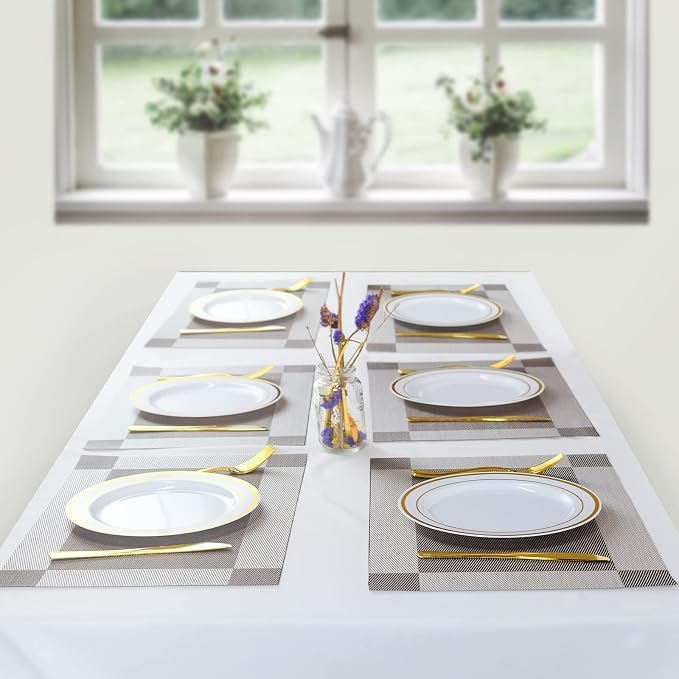 Placemats, Place Mats for Kitchen Dining Table, Heat-Resistant Anti-Skid Stain Washable PVC Table Mats, Easy to Cleaning Woven Vinyl Dinner Mats (Silver, 6 Pack)