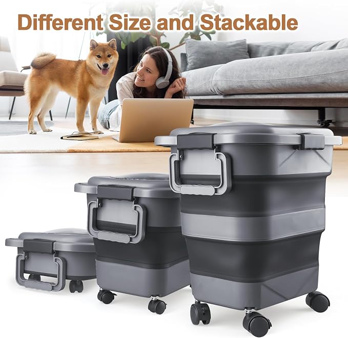 Dog Food Storage Container，2 Pack 25 lbs Airtight Collapsible Cat Food Storage Container with Attachable Wheels, Portable Handle, Dog Food Scoop for Dog Cat Bird Pet Dry Food Storage Bin Large