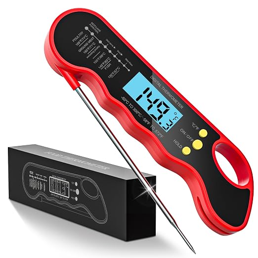 TRAUSI Instant Read Meat Thermometer, Fast & Accurate Digital Food Thermometer with Backlight, Waterproof & Magnet for Grilling, Cooking, BBQ, Smoker, Baking, and Candy Making Red