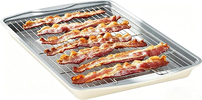 Nonstick Crisp Baking Tray With Wire Rack, Ceramic Coating Jelly Roll 15x10 Cookie Sheet Pan, Non-Toxic, PTFE & PFOA Free, Oven Safe 550°F, Dishwasher Safe, Aluminized Steel, Sunshine Cream