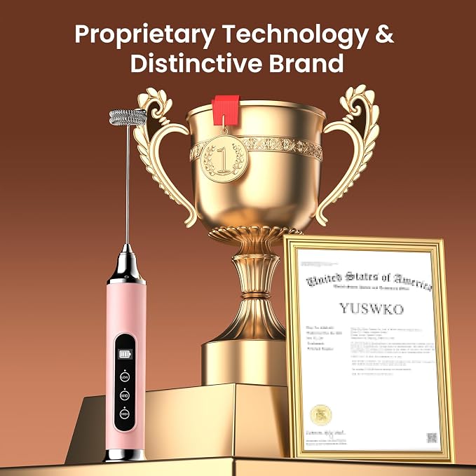YUSWKO Milk Frother Wand for Coffee, Coffee Frother Handheld Drink Mixer | Rechargeable Mixer Wand, Waterproof Electric Whisk for Protein Powder, Lattes, Cappuccino, 3 Variable Speeds 3 Whisks, Pink