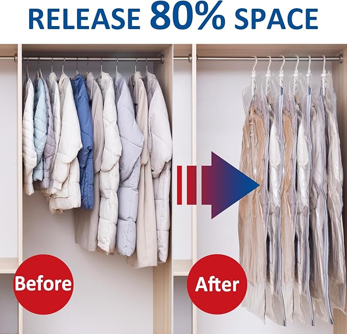 Hanging Vacuum Storage Bags, Space Saver Vacuum Seal Bags for Cloth, 6 Long | Vacuum Seal Bags for Clothing, Hanging Garment Storage for Jackets, Suits, Dresses, Winter Clothes Storage Closet Organizer