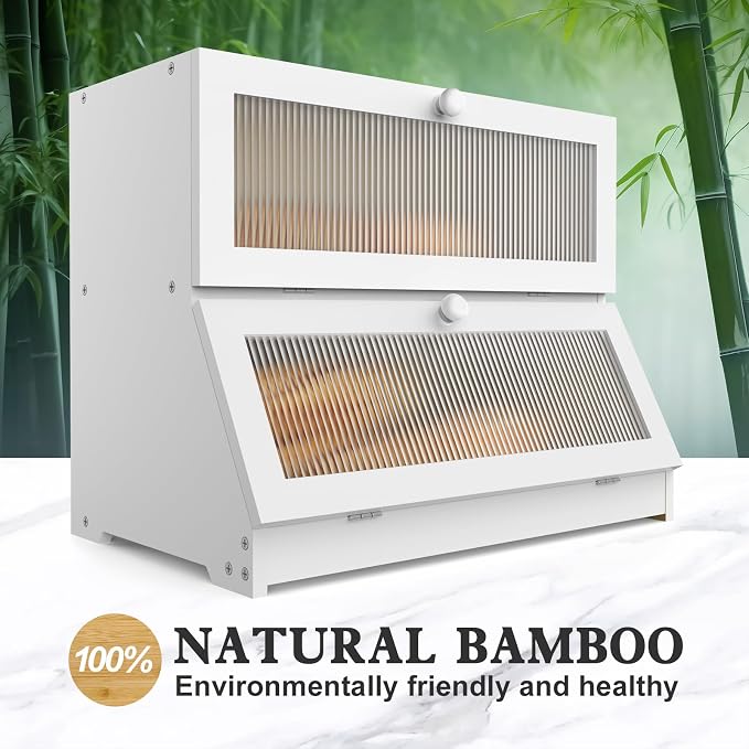 LOHASOK Bread Box for Kitchen Countertop,White | 2-layer, Bamboo, Large, Farmhouse Bread Container Holder Storage, Acrylic translucent window