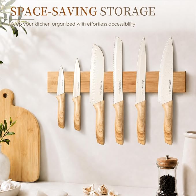 Astercook Knife Set, 13 Pieces Kitchen Knives Set with Ceramic Coating, Stainless Steel Chef Knife Sets with 6 Blade Guards, Dishwasher Safe Knives with Wood Grain Handle, Elegant White