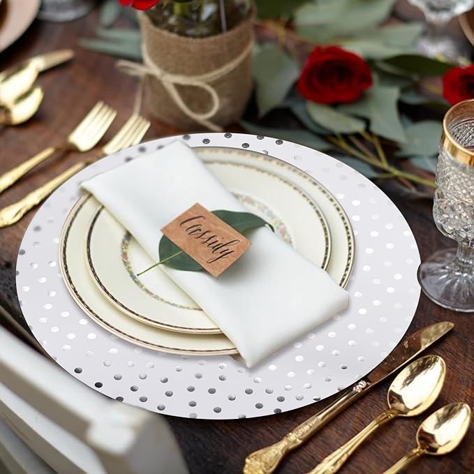 50 Pcs 14 Inch White and Silver Foil Paper Place Mats Silver Polka Dots Round Placemats Disposable Decorative Table Mats for Wedding Banquet Party Home Dining Table Decor