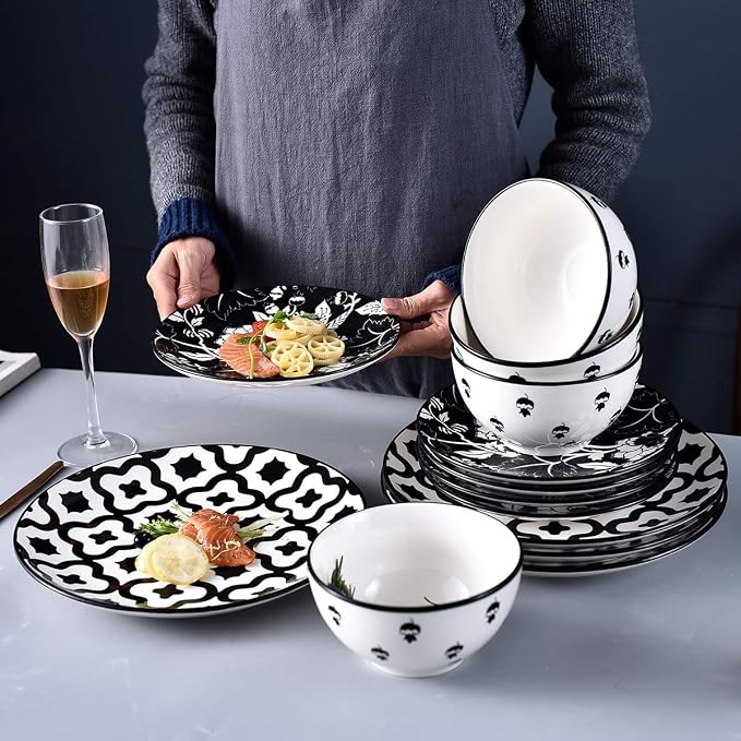 Wisenvoy Dinnerware Set - Ceramic Plates and Bowls for 4 - Stoneware Dish Set
