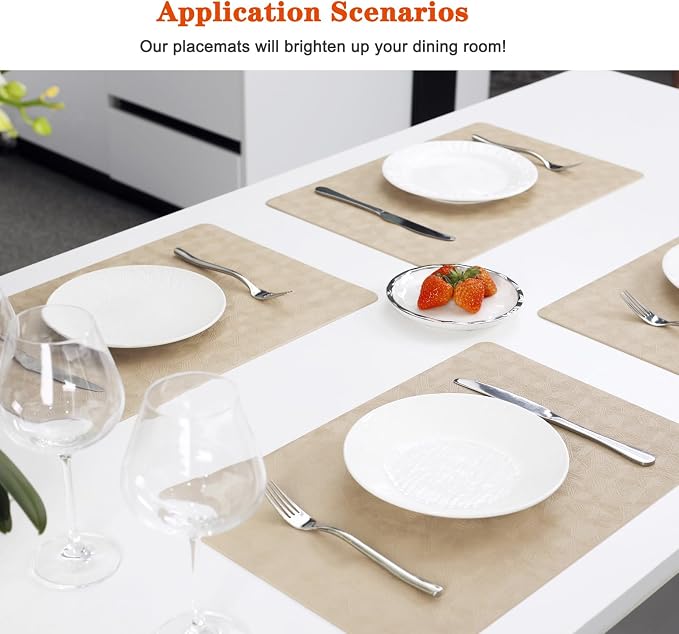 Beige Vinyl Placemats Set of 8 Waterproof Wipeable Table Mats | Heat Resistant Easy Clean Place Mats Faux Leather Table Mats Washable PVC Table Placemats for Dining Table