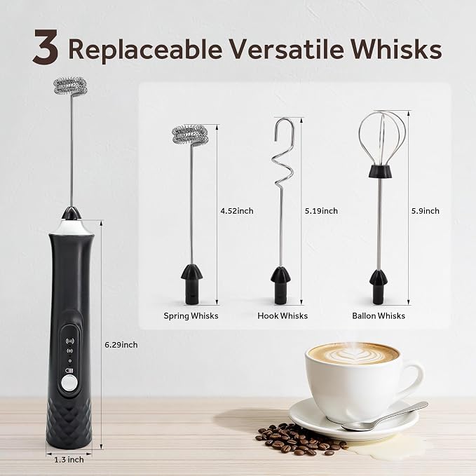 Milk Frother Handheld Rechargeable, Frother Wand Coffee Drink Mixer Electric Whisk 3 Speed Adjustable, Detachable with 3 Stainless Whisks, Hand Mixer for Lattes Cappuccino Hot Chocolate Matcha Egg