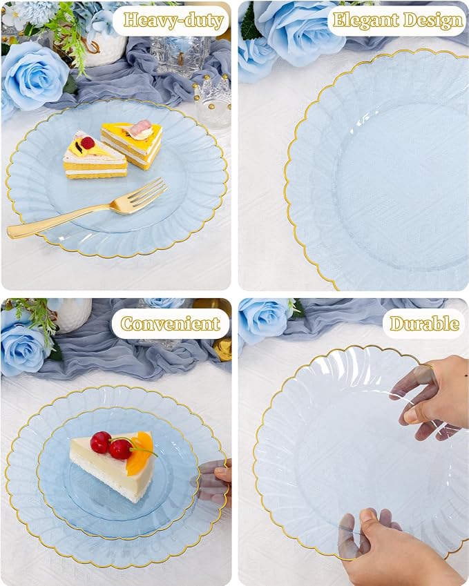YOUBET 175PCS Clear Blue Scalloped Plastic Plates for Party Wedding | Blue and Gold Disposable Dinnerware Set Include 50 Plates, 75 Gold Silverware, 25 Cups, 25 Napkins for Baby Shower