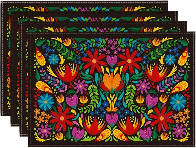 Artoid Mode Mexican Cinco De Mayo Placemats for Dining Table, 12 x 18 Inch Floral Fiesta Dia De Los Muertos Decoration Washable Table Mats Set of 4