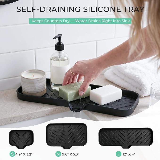 MicoYang Silicone Soap Dish with Drain Spout — Self-Draining Double Sink Organizer Tray for Kitchen & Bathroom, Dispensers, Sponges & Soap Holder, Non-Slip & Dishwasher Safe, Black (Large, 12"×4")