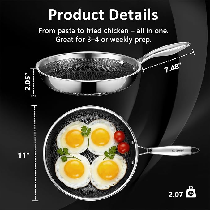 SAKAMOSH 11" Hybrid Nonstick Frying Pan,Stainless Steel, Induction Safe | PFAS/PFOA/PTFE-Free Ceramic Pan, Dishwasher & Oven Safe, Skillet WithStay-Cool Handle, Compatible with All Cooktops