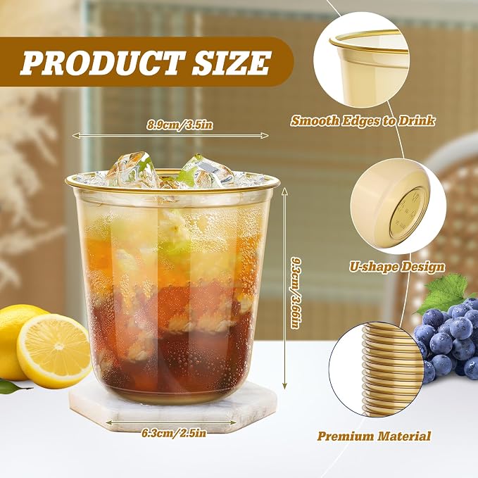 KesaPlan 50Pcs 12oz Gold Plastic Party Cups, Disposable Wine Cocktail Cups | Cute Crystal Wine Stemless Glasses, Round Bottom PET Cold Drink Cups for Graduation Wedding Birthday New Year Meeting Party