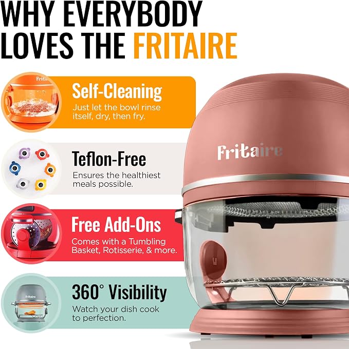 Non Toxic Air Fryer™ Pro | 9-in-1 Glass Air Fryer | Self-Cleaning | 5 Quart | Rotisserie and Tumbler | 400F Vortex For Even Cooking, BPA-Free Teflon Free, Recrisp, Roast, Bake, Mauve Rose