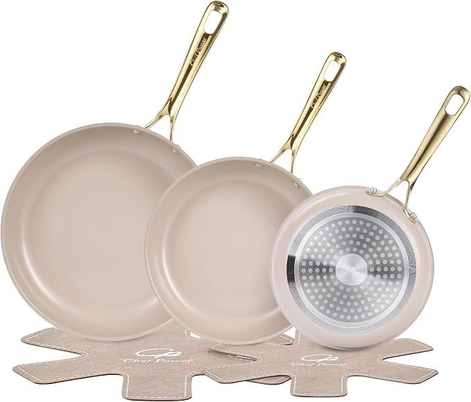 Ceramic Frying Pan with Stainless Steel Handle 5Pcs Set, Non Stick Grill Pan Set, Dishwasher and Oven Safe, Taupe and Light Gold Handle