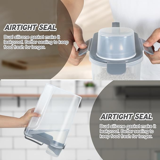 Airtight 10 Lbs Rice Storage Container Pet Dog Cat Food Holder 5 Lbs - Grey | Portable Bird Seed Dispenser Cat Food Containers with Large Pour Spout for Travel Cereal Oatmeal Holder with Measuring Cup