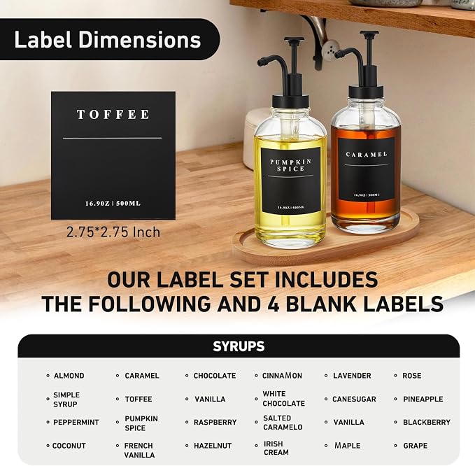 Coffee Syrup Dispenser for Coffee Bar with Black Upgraded Pump, 2 Pack | 16.9 oz 500 ml Syrup Dispensers, Coffee Syrup Pump Dispenser, Glass Syrup Bottle 28 Labels and Bamboo Tray