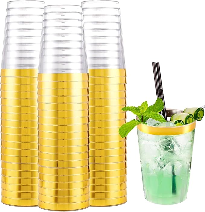 I00000 200 Pack Gold Plastic Cups, 10 oz Clear Plastic Cups Gold Rimmed Disposable Wine Glasses Fancy Disposable Party Cups Wedding Cup Drinking Tumblers Cocktail Glasses with Gold Rim