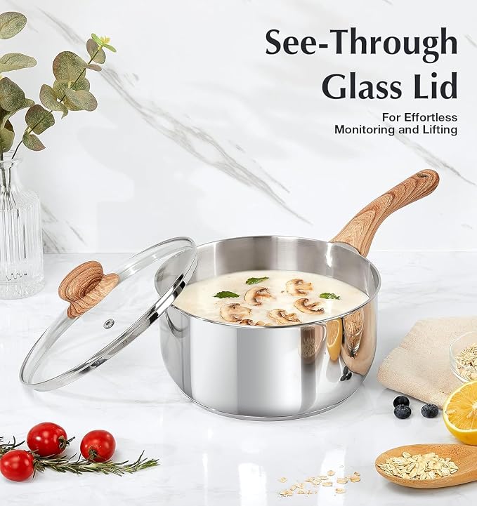 KOCH SYSTEME CS 2 Quart Sauce Pan with Lid, 18/10 Stailess Steel Sauce Pan with Heat-resistant Bakelite Handle, Stainless Steel Pot with Lid, Triply Steel Sauce Pan with Lid, Induction Compatible