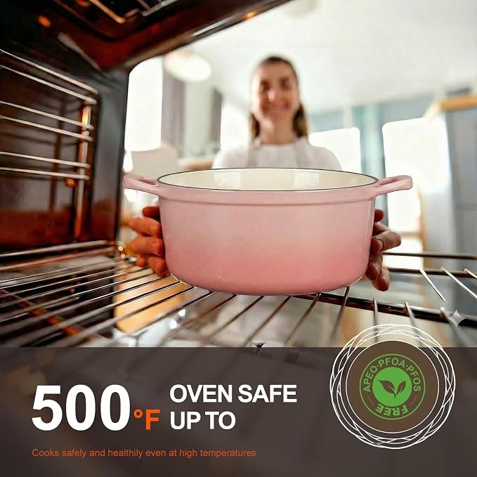 Overmont Enameled Cast Iron Dutch Oven - 5.5QT Pot with Wide Handles Lid Cookbook & Cotton Potholders - Heavy-Duty Pre-Seasoned Cookware Oven Safe to 500°F for Braising, Stews, Roasting, Sourdough Baking