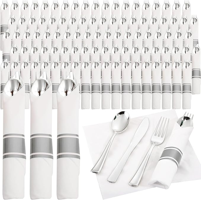 120 Pack Silver Plastic Silverware Wrapped Cutlery Set with Napkin | Heavy Duty Pre Rolled Disposable Silver Cutlery Wrapped Plastic Utensils for Wedding, Birthday, Party & Catering
