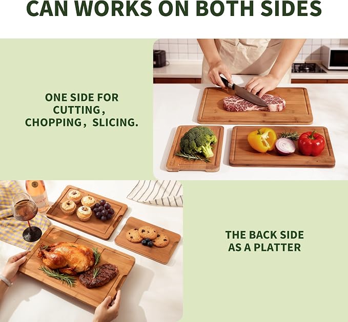 BAMBANG Bamboo Cutting Board, Dark Carbonized Chopping Boards Set of 3 with Stand, Butcher Block with Deep Juice Groove, Non-Toxic Wooden Cutting Boards for Kitchen Meal Prep & Serving