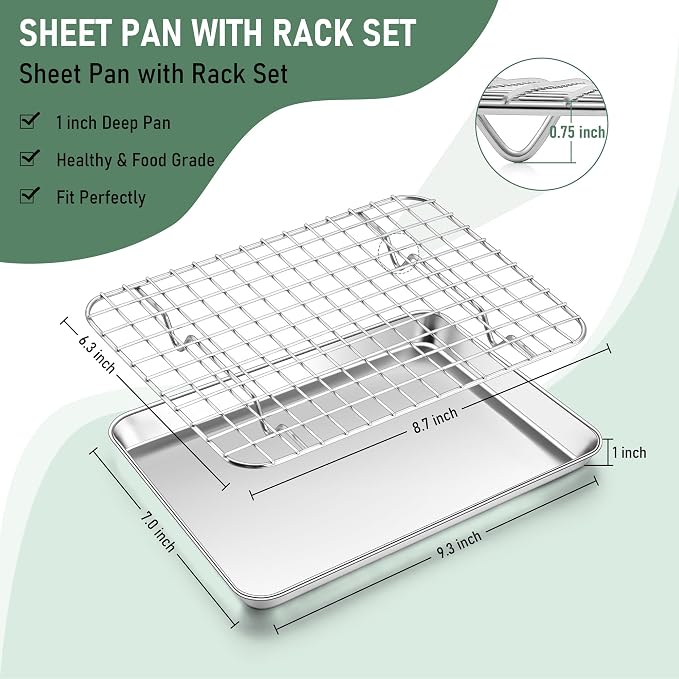 Homikit Toaster Oven Pan with Rack (1 Small Baking Sheet+1 Rack), 9” x 7” | Stainless Steel Baking Sheet with Wire Rack, Small Cookie Sheets Bacon Tray with Cooling Rack, Rust Free & Dishwasher Safe