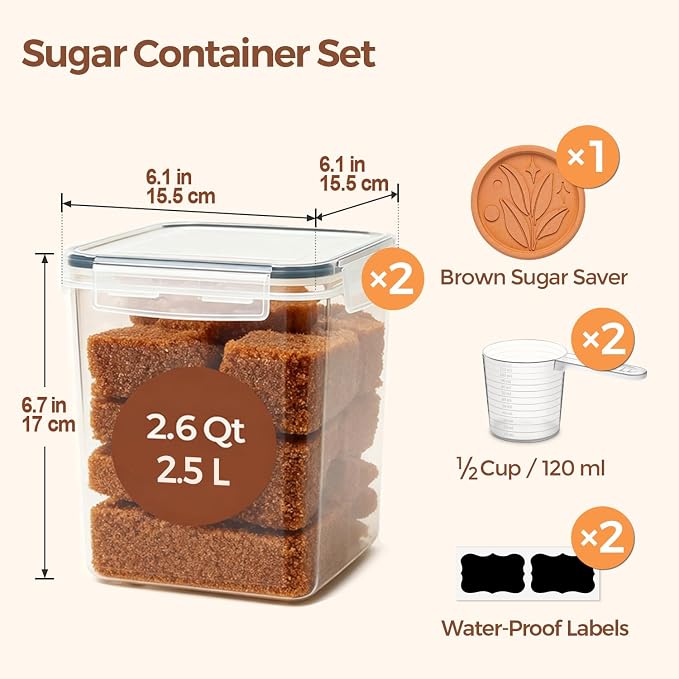 ComSaf Airtight Brown Sugar Containers with Terra Cotta Saver 2.6Qt 2Pack | Plastic Food Storage Canister with Lid, Sugar Flour Cereal Oats, Pantry Kitchen, Stackable Brown Sugar Keeper, Label & Scoops