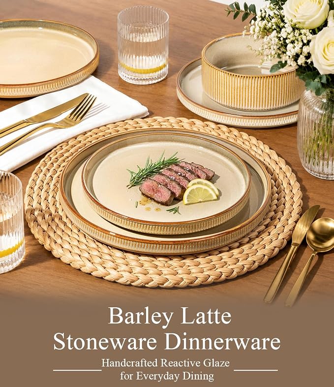 GBHOME Stoneware Dinnerware Sets for 4, 12-Piece Plates and Bowls Set | Handmade Reactive Glaze Ceramic Dish Set, Scratch Resistant, Dishwasher&Microwave Safe,Barley Latte