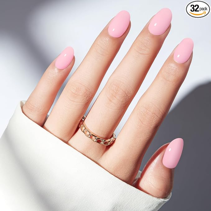 modelones Baby Pink Short Press on Nails, Oval Fake Nails Kit Press Ons | with Nail Glue, Adhesive Tabs, Nail File, Prep Pad, Manicure Stick, 32Pcs 16 Sizes, Summer Women Girl Gift