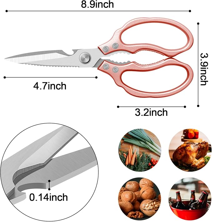 CGBE Kitchen Scissors, Multi-Purpose Kitchen Shears, Heavy Duty Dishwasher Safe Food Scissors for Chicken, Poultry, Fish, Meat & Herbs with Non-Slip Grips - Rosegold
