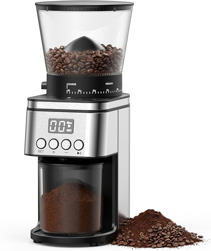 Conical Burr Coffee Grinder Electric,Stainless Steel Coffee Grinder for Home, Adjustable Burr Grinder with 30 Grind Settings, Digital Timer & 2-12 Cup Control, Removable Sealed Hopper, silver