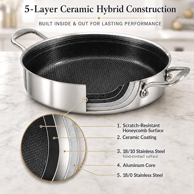 DELARLO Tri-Ply Stainless Steel 10 Inch Deep Frying Pan 3QT Saute Pan With Lid, Induction Compatible Chef Cooking Pan with lid, Dishwasher & Oven Safe